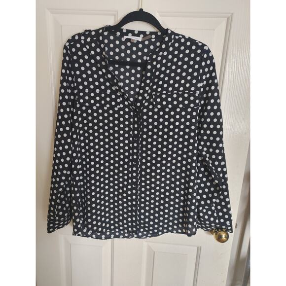 Calvin Klein Blouse Top Polka Dot Black White Medium V-neck Button Up - Picture 1 of 6